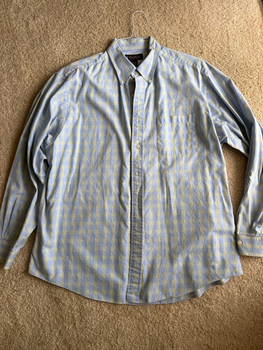 Brooks Brothers Blue Yellow Check Dress Shirt XL Italian Fabric Button Down
